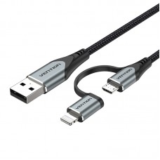 Кабель 2 в 1 USB-MicroUSB-Lightning Vention TPE Nylon MFi C89 2.4А 480Mbps nickel-plated 1m Black (C