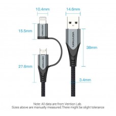 Кабель 2 в 1 USB-MicroUSB-Lightning Vention TPE Nylon MFi C89 2.4А 480Mbps nickel-plated 1m Black (C