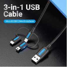 Кабель 3 в 1 USB-MicroUSB-Type-C-MiniUSB Vention PVC 2А 480Mbps nickel-plated 1m Black (CQIBF)