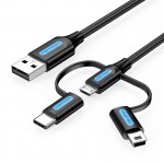 Кабель 3 в 1 USB-MicroUSB-Type-C-MiniUSB Vention PVC 2А 480Mbps nickel-plated 1m Black (CQIBF)
