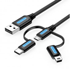Кабель 3 в 1 USB-MicroUSB-Type-C-MiniUSB Vention PVC 2А 480Mbps nickel-plated 1m Black (CQIBF)