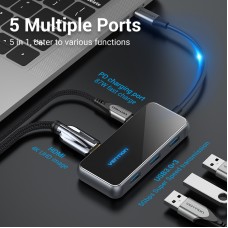 USB HUB Vention 5 в 1 Type-C-HDMI-USB-PD 3USB 3.0 4K 60Hz 87W 0.15m Black (TFBHB)