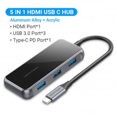 USB HUB Vention 5 в 1 Type-C-HDMI-USB-PD 3USB 3.0 4K 60Hz 87W 0.15m Black (TFBHB)