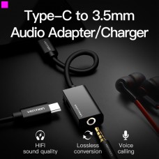 Адаптер Type-C-3.5мм Vention CTIA-OMTP с блоком питания 0.1m Black (BGGBA)