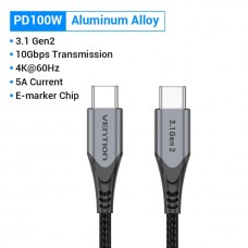 Кабель Type-C-Type-C 3.1 Gen2 Vention TPE Nylon Thunderbolt 3 4K 60Hz PD 100W 5A 10Gbps nickel-plated 1m Grey (TAHHF)