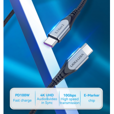 Кабель Type-C-Type-C 3.1 Gen2 Vention TPE Nylon Thunderbolt 3 4K 60Hz PD 100W 5A 10Gbps nickel-plated 1m Grey (TAHHF)