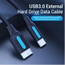 Кабель Type-C-MicroUSB-B 3.0 Vention M/M PVC Round nickel-plated 2A 5Gbps 0.5m Black (CQABD)