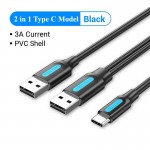 Кабель 2in1 USB-Type-C 2.0 Vention M/2xM PVC Round nickel-plated 3A 480Mbps 1m Black (CQKBF)