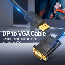 Кабель DisplayPort-VGA v.1.2 Vention 1080P 60Hz gold-plated 5m Black (HBL-D)