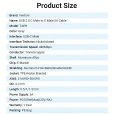 Кабель Type-C-Type-C Vention TPE Nylon PD 100W 5A 480Mbps nickel-plated 1.5m Grey (TAEHG)