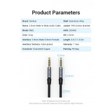 Кабель Audio Aux 3.5мм-3.5мм Vention TRRS M/M Round Nylon gold-plated 1m Grey (BAQHF)