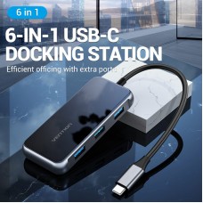 USB HUB Vention 6 в 1 Type-C-HDMI-RJ45-USB-PD 3USB 3.0 1Type-C 87W 4K 30Hz 0.15m Black (TFFHB)
