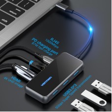 USB HUB Vention 6 в 1 Type-C-HDMI-RJ45-USB-PD 3USB 3.0 1Type-C 87W 4K 30Hz 0.15m Black (TFFHB)