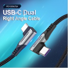 Кабель Type-C-Type-C Vention TPE Nylon Double 90° Degree PD 100W 5A 480Mbps nickel-plated 2m Grey (TANHH)