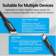 Кабель Type-C-MicroUSB-B 3.0 Vention M/M PVC Round nickel-plated 2A 5Gbps 1m Black (CQABF)