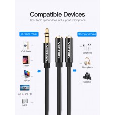 Кабель Audio 3.5мм-3.5мм Vention F/2xM TPE Jaket headset+earphone 0.3m Black (BBSBY)