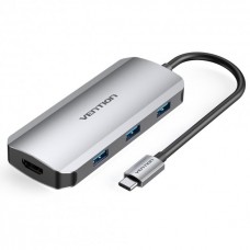 USB HUB 6 в 1 Vention Type-C-HDMI-USB 3USB 3.0 2Type-C 3.1 PD 100W 4K 30Hz 5Gbps 0.15m Grey (TOFHB)