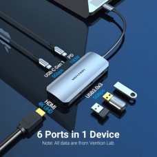 USB HUB 6 в 1 Vention Type-C-HDMI-USB 3USB 3.0 2Type-C 3.1 PD 100W 4K 30Hz 5Gbps 0.15m Grey (TOFHB)