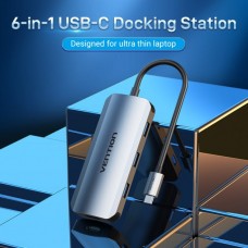 USB HUB 6 в 1 Vention Type-C-HDMI-USB 3USB 3.0 2Type-C 3.1 PD 100W 4K 30Hz 5Gbps 0.15m Grey (TOFHB)