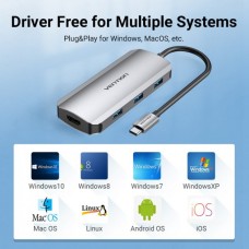 USB HUB 6 в 1 Vention Type-C-HDMI-USB 3USB 3.0 2Type-C 3.1 PD 100W 4K 30Hz 5Gbps 0.15m Grey (TOFHB)