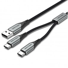 Кабель 2 в 1 USB-Type-C Vention Nylon 2.4А 480Mbps nickel-plated 1m Grey (CQOHF)
