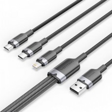 Кабель 3 в 1 USB-MicroUSB-Type-C-Lightning Vention PVC Cotton Braided PD 60W 3А 480Mbps 1.5m Black (CTPBG)