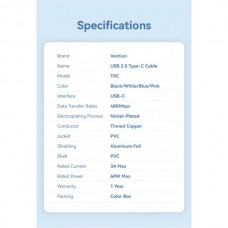 Кабель Type-C-Type-C Vention TPE PVC Round PD 60W 3A 480Mbps 1m Blue (TRCSF)