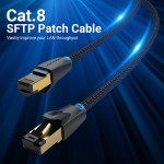 Патч-корд RJ45-RJ45 Vention LAN CAT8 SFTP 40Gbps 2000MHz Copper Cotton Braided Round 0.5m Black (IKGBD)
