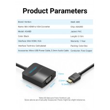 Адаптер MiniHDMI-VGA v.1.4 Vention 1080P 60Hz 0.15m 3.5 audio microusb power Black (AGABB)
