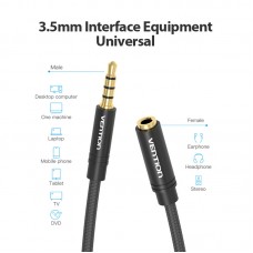 Удлинитель Audio Aux 3.5мм-3.5мм Vention mic Cotton F/M gold-plated 3m Black (BHBBI)