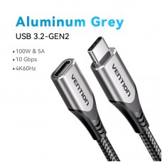 Удлинитель Type-C-Type-C 3.2 Vention Nylon M/F Thunderbolt 3 4K 60Hz PD 100W 10Gbps 5A 1m Grey (TABHH)