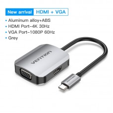 Адаптер Type-C-HDMI-VGA v.1.4 Vention 4K 30Hz gold-plated 0.15m Grey (TDIHB)