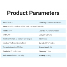Кабель USB-Type-C Vention TPE Nylon U-Shaped 180° PD 66W 5A 480Mbps nickel-plated 0.5m Grey (COHHD)