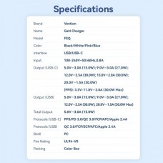 Сетевое зарядное устройство 1USB 1Type-C Vention (C+A) GaN III PD 30W QC3.0 3A Black (FEQB0-EU)