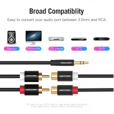 Кабель Audio 3.5мм-2RCA Vention M/F 24К gold-plated 26 AWG 0.3m Black (VAB-R02-B030)