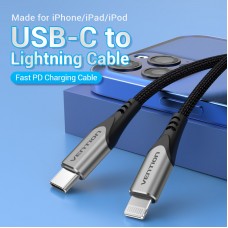 Кабель Type-C-Lightning Vention TPE Nylon Mfi C94 PD 18W 3A 480Mbps 2m Grey (TACHH)