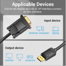 Кабель DisplayPort-VGA v.1.2 Vention 1080P 60Hz gold-plated 3m Black (HBL-C)
