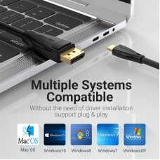 Кабель Type-C-DisplayPort v1.4 Vention PVC 8K 60Hz 4K 144Hz 2k 165Hz 1080P 240Hz 21.6 Gbps gold-plated 1.5m Black (CGYBG)