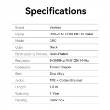 Кабель Vention Type-C-HDMI v2.1 8K 60Hz 4K/2K 240Hz Thunderbolt 3/4 HDCP2.3 VRR HDR 1.8m Black (CRCBAC)