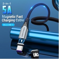 Кабель 2 в 1 USB-MicroUSB-Type-C Vention Nylon Magnetic 3А 480Mbps nickel-plated 0.5m Grey (CQNHD)
