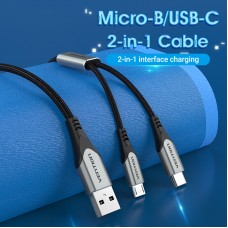 Кабель 2 в 1 USB-MicroUSB-Type-C Vention Nylon 2.4А 480Mbps nickel-plated 0.5m Grey (CQGHD)