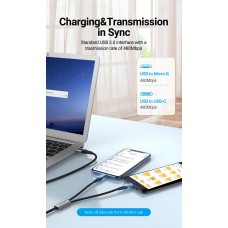Кабель 2 в 1 USB-MicroUSB-Type-C Vention Nylon 2.4А 480Mbps nickel-plated 0.5m Grey (CQGHD)