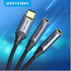 Кабель Audio Type-C-3.5мм Vention F/2xM Cotton gold-plated 0.3m Black (BGNHY)