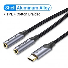 Кабель Audio Type-C-3.5мм Vention F/2xM Cotton gold-plated 0.3m Black (BGNHY)