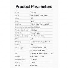 Кабель Type-C-Lightning Vention TPE PVC Mfi C94 PD 30W 3A 480Mbps 2m Black (LAKBH)