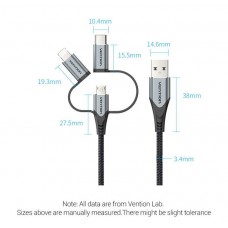 Кабель 3 в 1 USB-MicroUSB-Type-C-Lightning Vention TPE Nylon MFi C89 2А 480Mbps 1.5m Grey (CQJHG)
