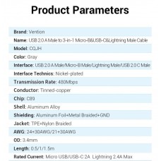 Кабель 3 в 1 USB-MicroUSB-Type-C-Lightning Vention TPE Nylon MFi C89 2А 480Mbps 1.5m Grey (CQJHG)