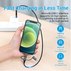 Кабель 3 в 1 USB-MicroUSB-Type-C-Lightning Vention TPE Nylon MFi C89 2А 480Mbps 1.5m Grey (CQJHG)