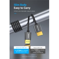 Кабель HDMI-HDMI v.2.0 Vention Ultra Thin Alloy Shell 4K 60Hz 18Gbps gold-plated 3m Black (AATBI)