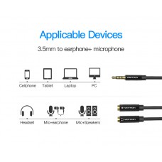Кабель Audio 3.5мм-3.5мм Vention M/2xF Fabric Jaket mic+earphone 0.3m Black (BBMBY)
